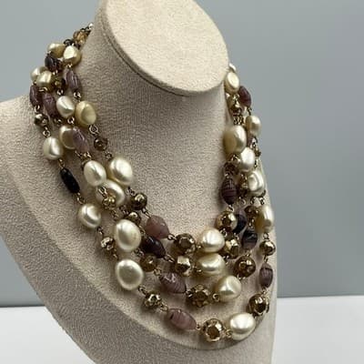 Vintage Multi Strand Faux Pearl Beaded Necklace Gold Tone Cluster Statement - Thumbnail 4