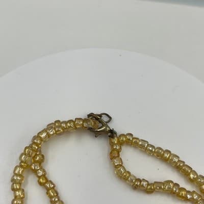 VTG Yellow Seed Beads Wrap Bracelet Agate Slice Center Gold Tone Double Strand - Thumbnail 2