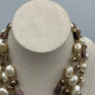 Vintage Multi Strand Faux Pearl Beaded Necklace Gold Tone Cluster Statement - Thumbnail 2