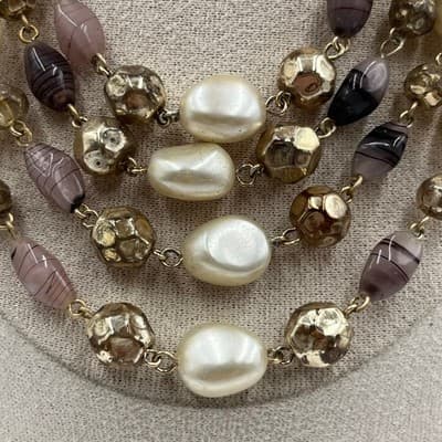 Vintage Multi Strand Faux Pearl Beaded Necklace Gold Tone Cluster Statement - Thumbnail 3