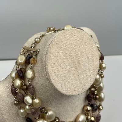 Vintage Multi Strand Faux Pearl Beaded Necklace Gold Tone Cluster Statement - Thumbnail 5