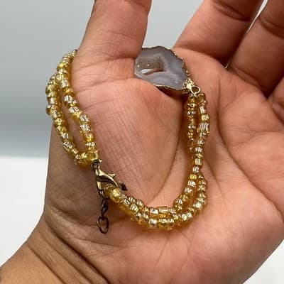 VTG Yellow Seed Beads Wrap Bracelet Agate Slice Center Gold Tone Double Strand - Thumbnail 6