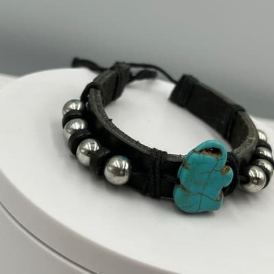 Vintage Black Leather Bracelet Turquoise Howlite Elephant Silver Bead Southwest - Thumbnail 3