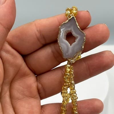 VTG Yellow Seed Beads Wrap Bracelet Agate Slice Center Gold Tone Double Strand - Thumbnail 5