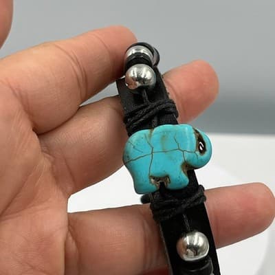 Vintage Black Leather Bracelet Turquoise Howlite Elephant Silver Bead Southwest - Thumbnail 6