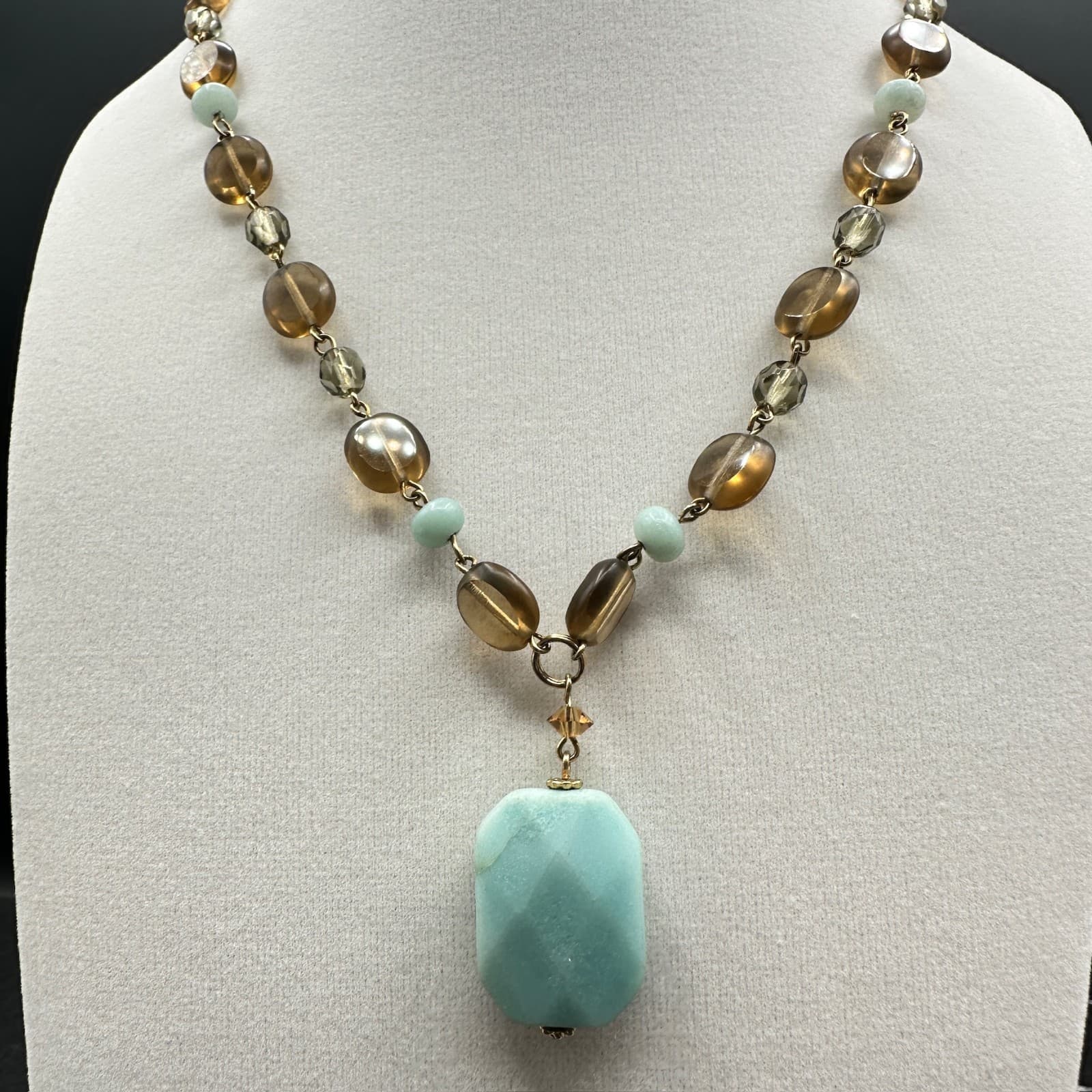 Vintage Lia Sophia Gold-Tone Classic Amber Smoky Quartz Beaded Pendant Choker - Thumbnail 3