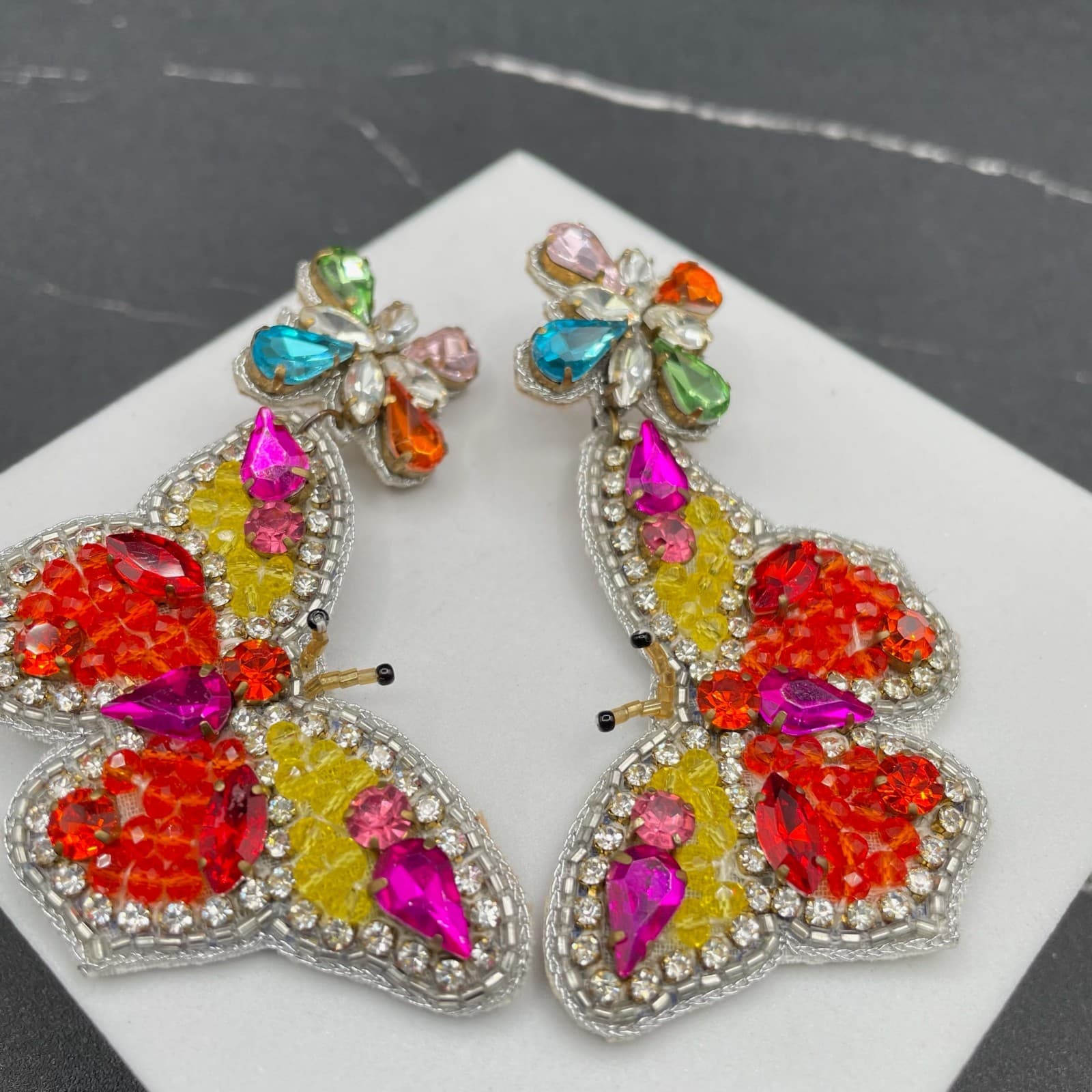 Classic Multicolor Faceted Glass Beads Prong Rhinestone Butterfly Drop Earrings - Thumbnail 2