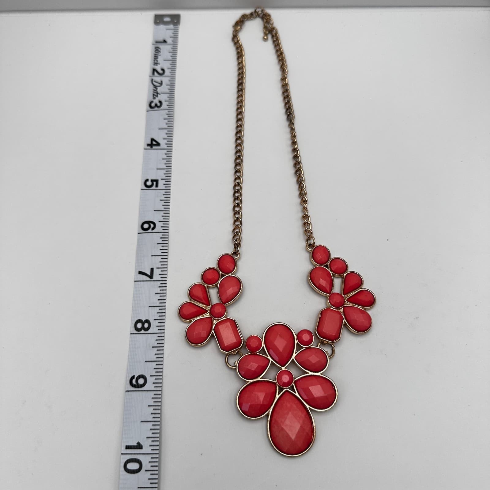 Vintage 90s Gold Tone Red Faceted Resin Flower Boho Necklace Women's Jewelry - Thumbnail 9