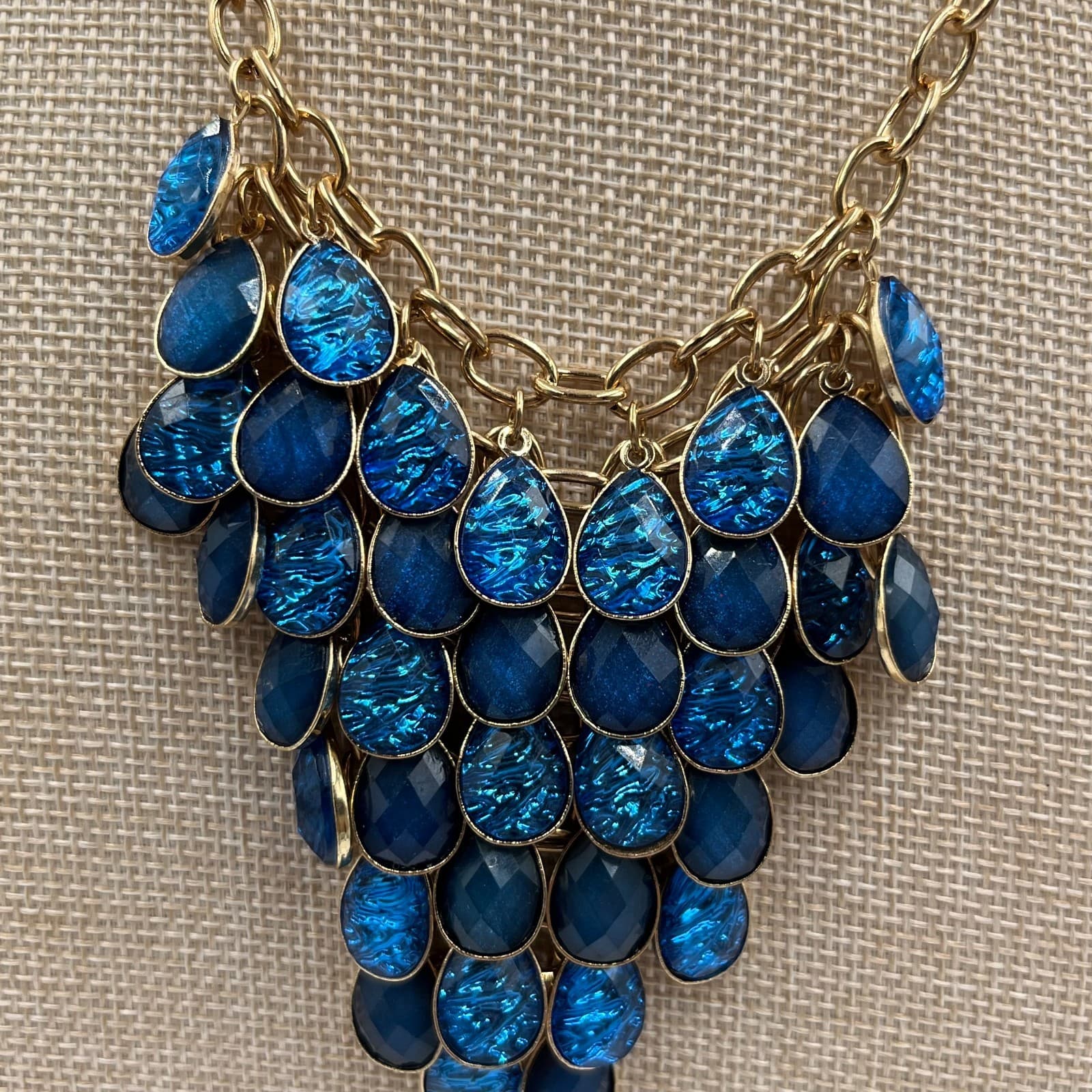 Vintage Blue Teardrop Bib Statement Necklace Silver Tone Boho Costume Jewelry 18 - Thumbnail 3