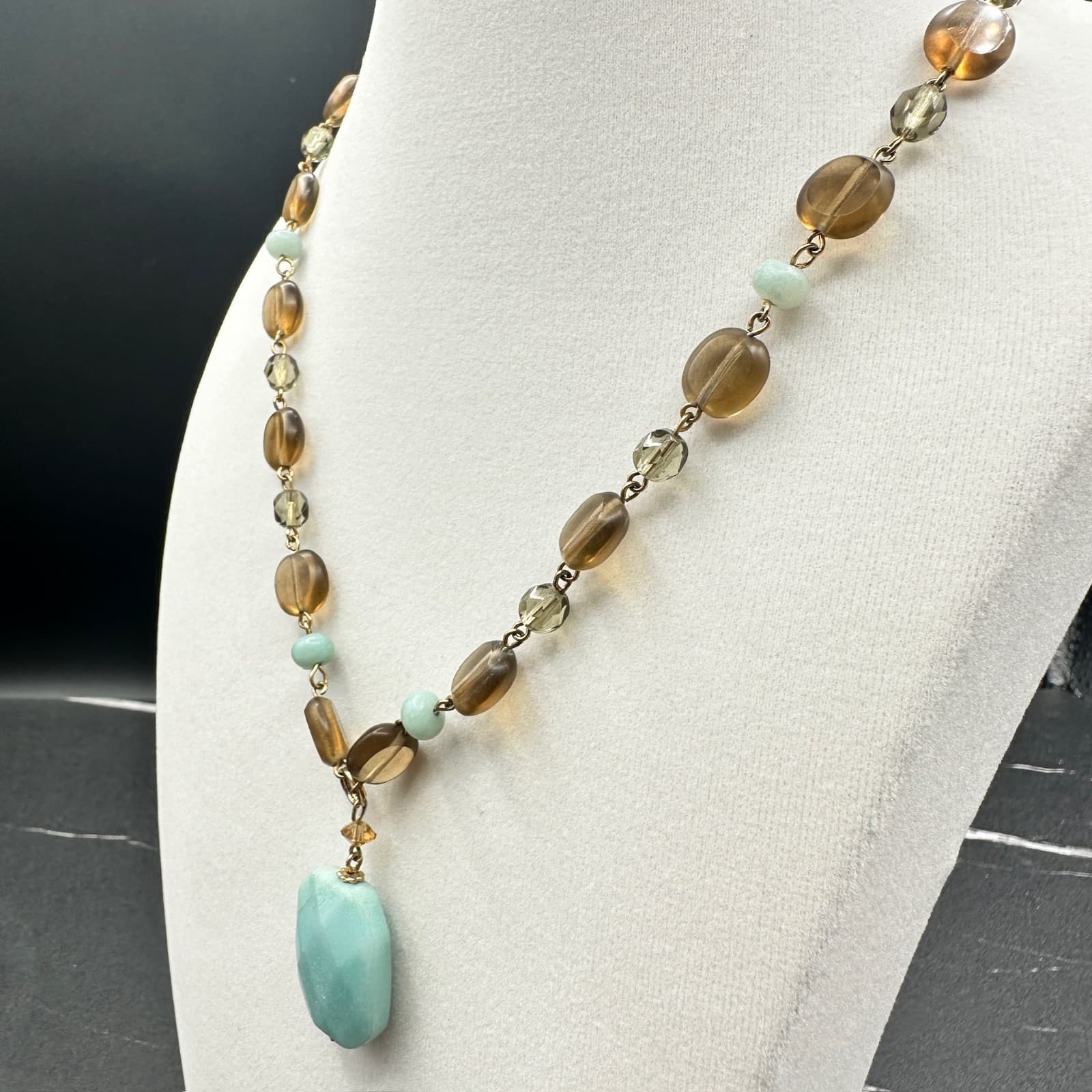 Vintage Lia Sophia Gold-Tone Classic Amber Smoky Quartz Beaded Pendant Choker - Thumbnail 6