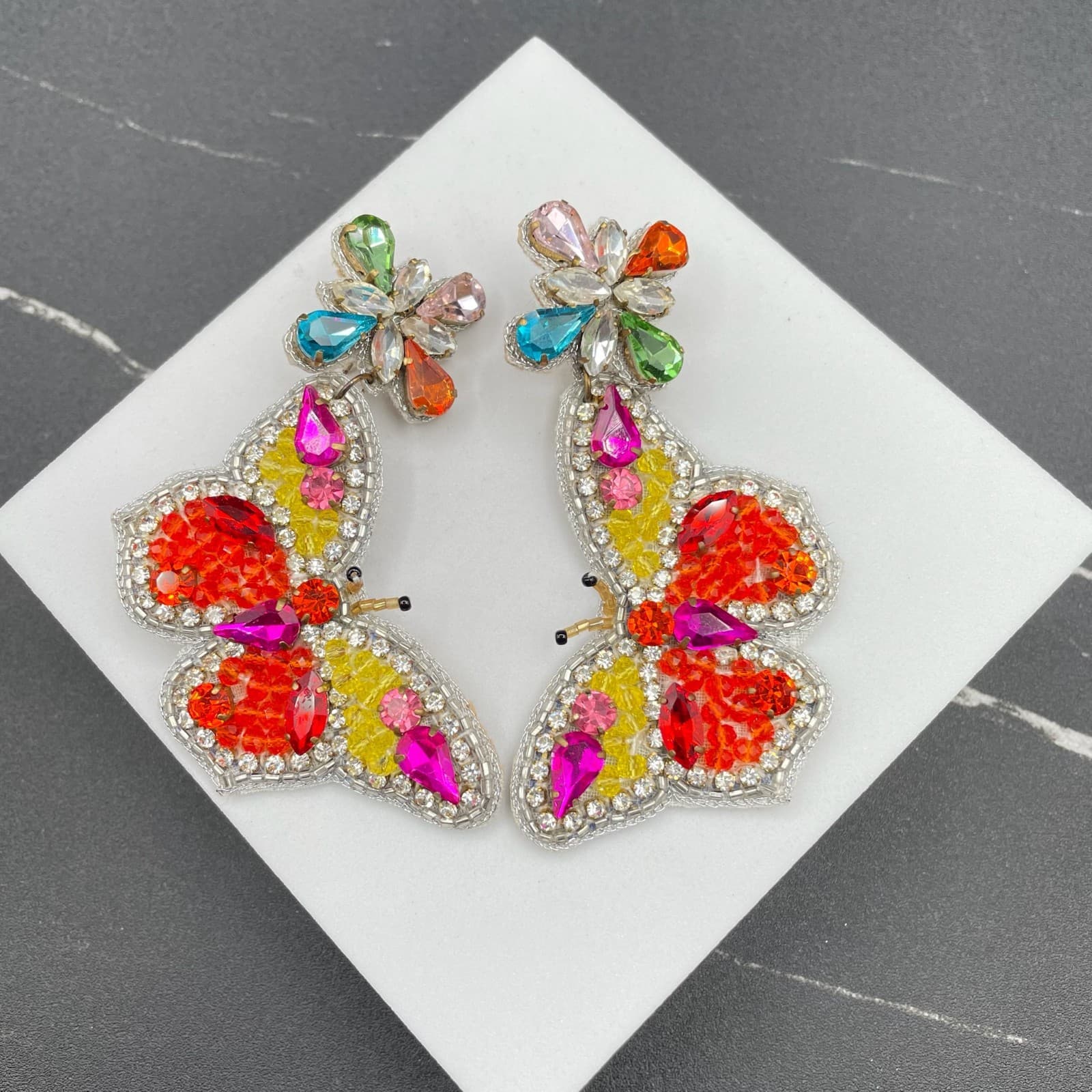 Classic Multicolor Faceted Glass Beads Prong Rhinestone Butterfly Drop Earrings - Image 1
