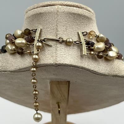 Vintage Multi Strand Faux Pearl Beaded Necklace Gold Tone Cluster Statement - Thumbnail 6