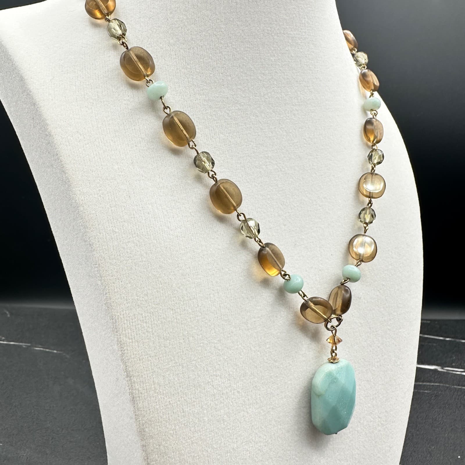 Vintage Lia Sophia Gold-Tone Classic Amber Smoky Quartz Beaded Pendant Choker - Thumbnail 5