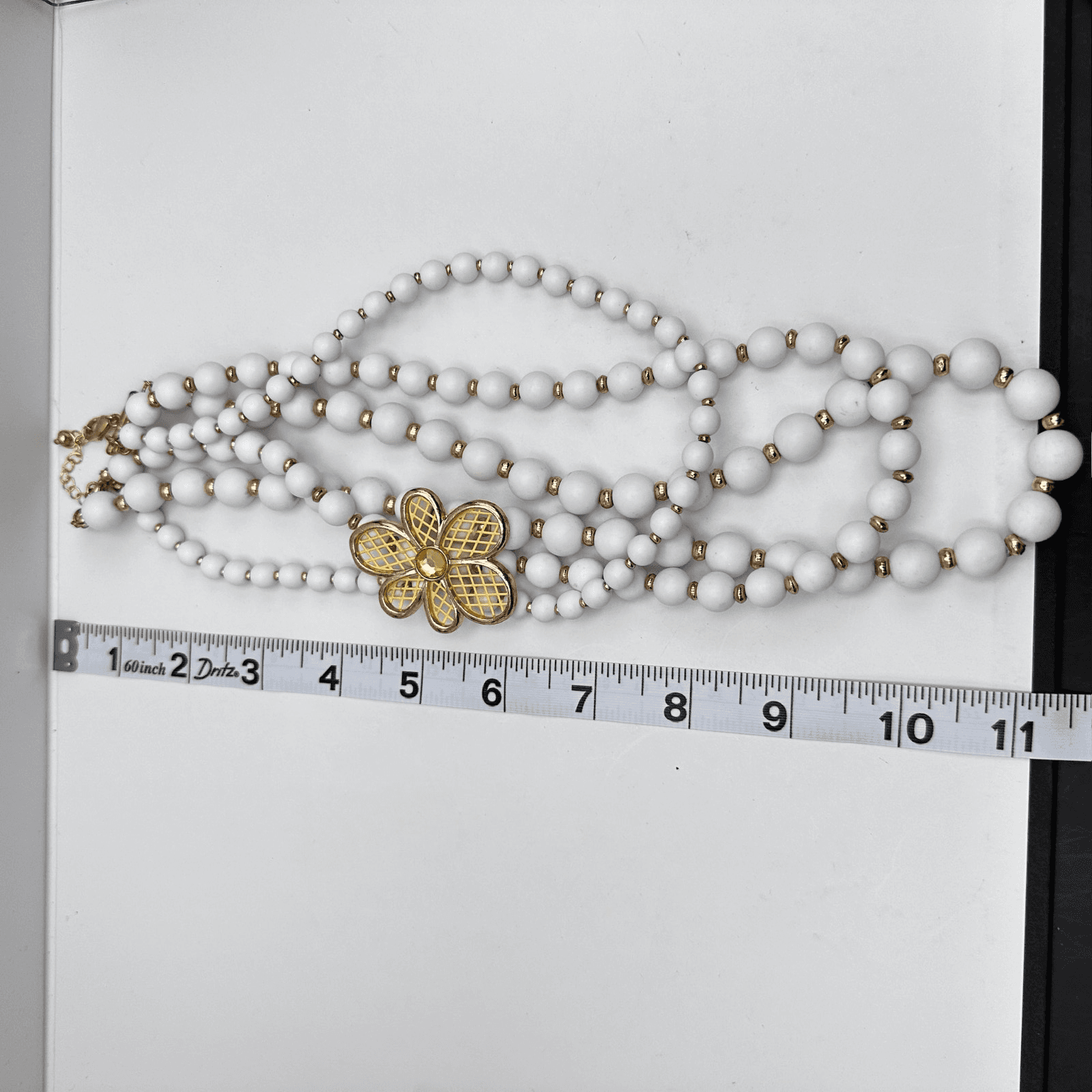 Vintage Y2K Multi Strand White Bead Necklace Gold Tone Rhinestone Yellow Flower - Thumbnail 9