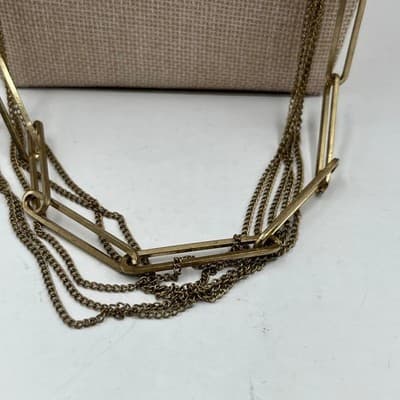 VTG Gold Tone Layered Chain Necklace Paperclip Link Multi Strand Drape Statement - Thumbnail 4
