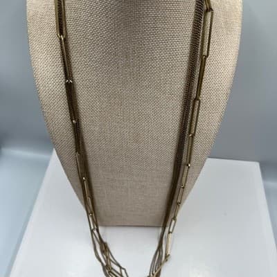 VTG Gold Tone Layered Chain Necklace Paperclip Link Multi Strand Drape Statement - Thumbnail 3