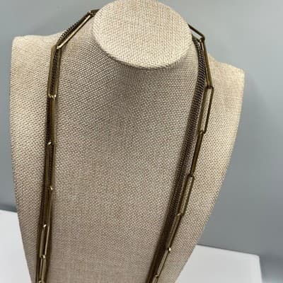 VTG Gold Tone Layered Chain Necklace Paperclip Link Multi Strand Drape Statement - Thumbnail 6