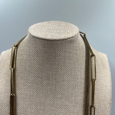 VTG Gold Tone Layered Chain Necklace Paperclip Link Multi Strand Drape Statement - Thumbnail 2