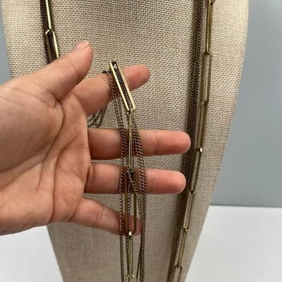 VTG Gold Tone Layered Chain Necklace Paperclip Link Multi Strand Drape Statement - Thumbnail 5