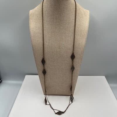 Vintage Long Bronze Tone Filigree Necklace Multi Station Round Link Chain Boho - Image 1