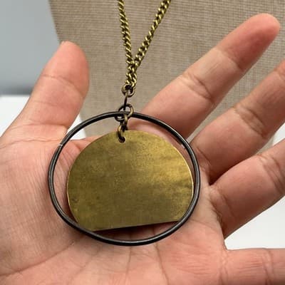 Vintage Antique Brass Tone Geometric Mixed Metal Circle Disc Pendant Necklace - Thumbnail 5
