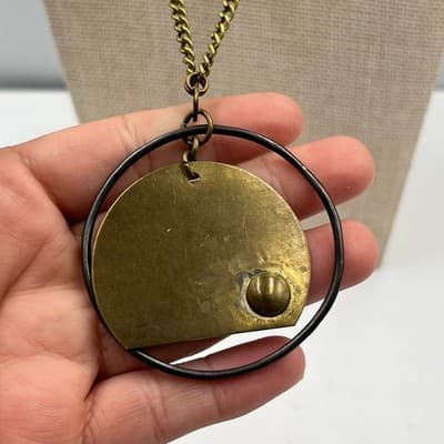 Vintage Antique Brass Tone Geometric Mixed Metal Circle Disc Pendant Necklace - Thumbnail 4