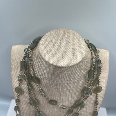 Vintage Long Multi Strand Seafoam Beads Necklace Green Silver Tone Layered Chain - Thumbnail 2