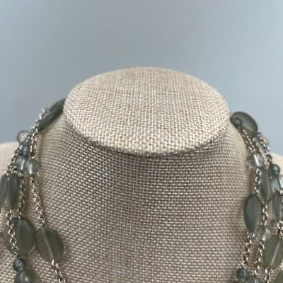 Vintage Long Multi Strand Seafoam Beads Necklace Green Silver Tone Layered Chain - Thumbnail 3