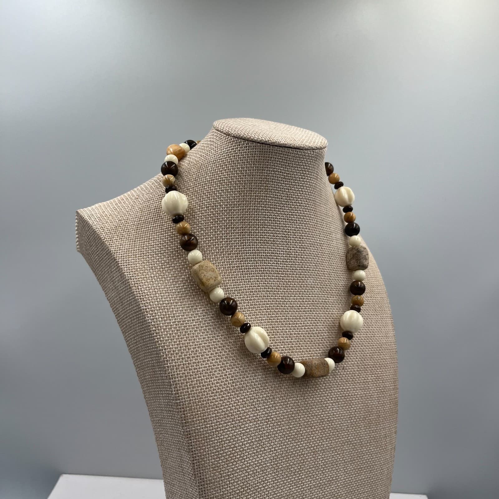 Vintage Chunky Beaded Statement Necklace Boho Earth Tone Stone Bone Tribal 24" - Thumbnail 4