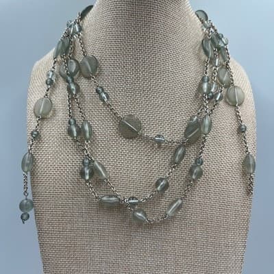 Vintage Long Multi Strand Seafoam Beads Necklace Green Silver Tone Layered Chain - Thumbnail 4