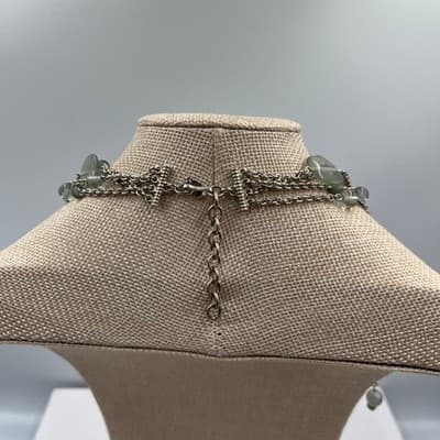 Vintage Long Multi Strand Seafoam Beads Necklace Green Silver Tone Layered Chain - Thumbnail 6