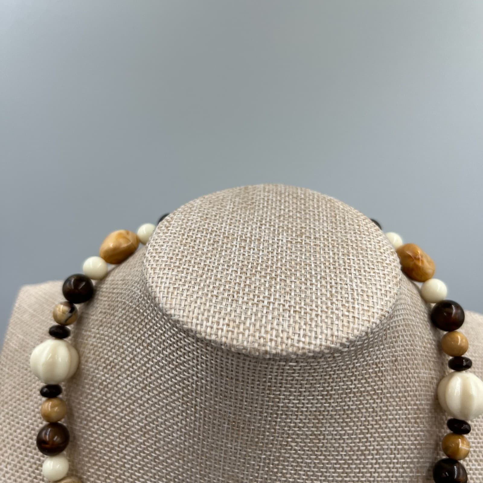 Vintage Chunky Beaded Statement Necklace Boho Earth Tone Stone Bone Tribal 24" - Thumbnail 2