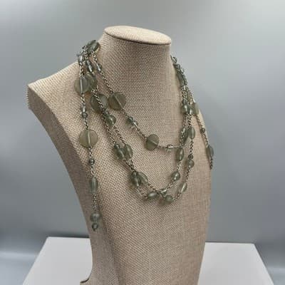 Vintage Long Multi Strand Seafoam Beads Necklace Green Silver Tone Layered Chain - Thumbnail 5