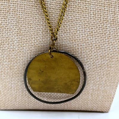 Vintage Antique Brass Tone Geometric Mixed Metal Circle Disc Pendant Necklace - Image 1