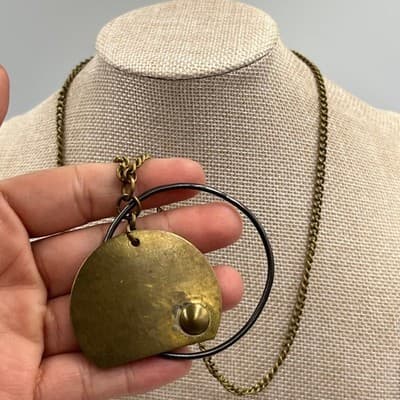 Vintage Antique Brass Tone Geometric Mixed Metal Circle Disc Pendant Necklace - Thumbnail 6