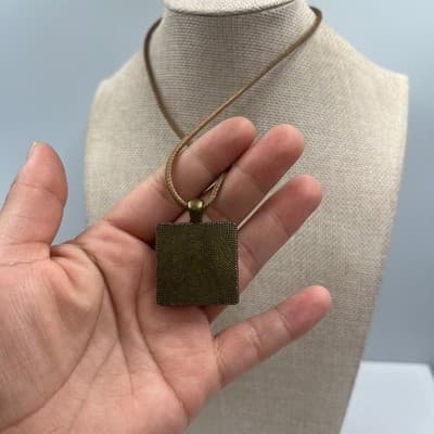 Vintage Blue Abstract Square Pendant Necklace Brown Cord Bronze Tone Frame - Thumbnail 4