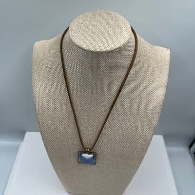 Vintage Blue Abstract Square Pendant Necklace Brown Cord Bronze Tone Frame - Thumbnail 5