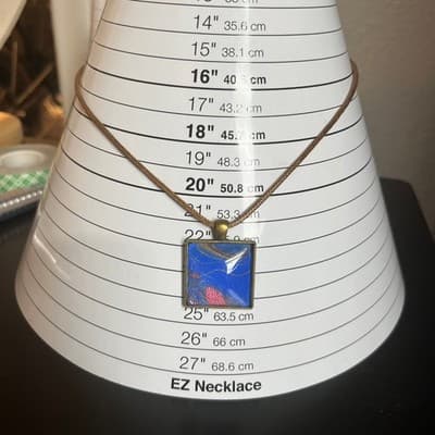 Vintage Blue Abstract Square Pendant Necklace Brown Cord Bronze Tone Frame - Thumbnail 7