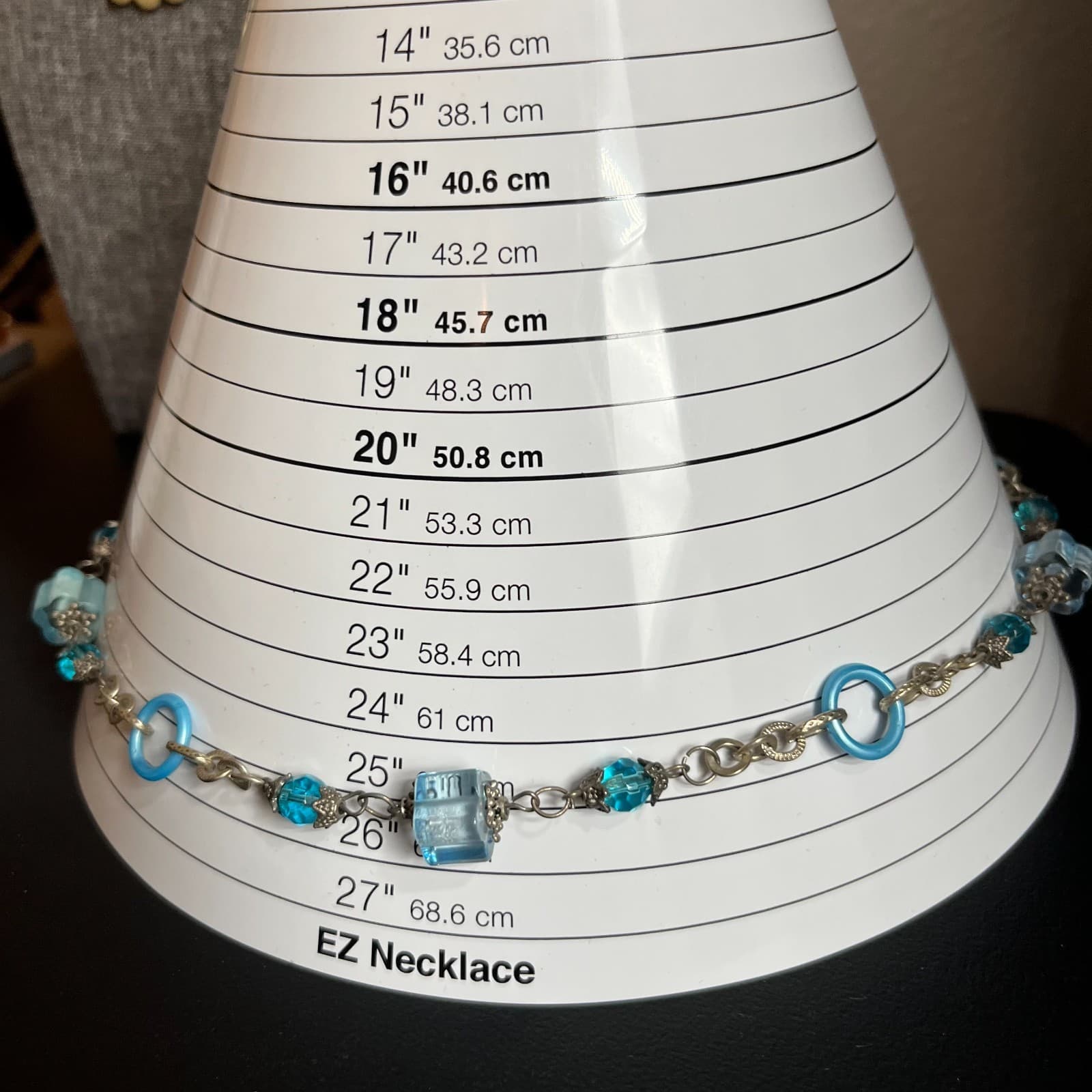 Vintage Blue Beaded Necklace Cobalt Cube Lucite Plastic Retro Silver Tone 20" - Thumbnail 6