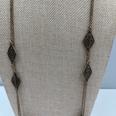 Vintage Long Bronze Tone Filigree Necklace Multi Station Round Link Chain Boho - Thumbnail 3