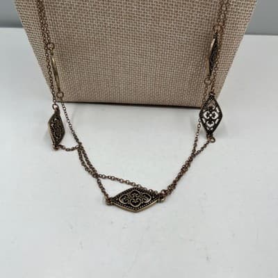 Vintage Long Bronze Tone Filigree Necklace Multi Station Round Link Chain Boho - Thumbnail 4