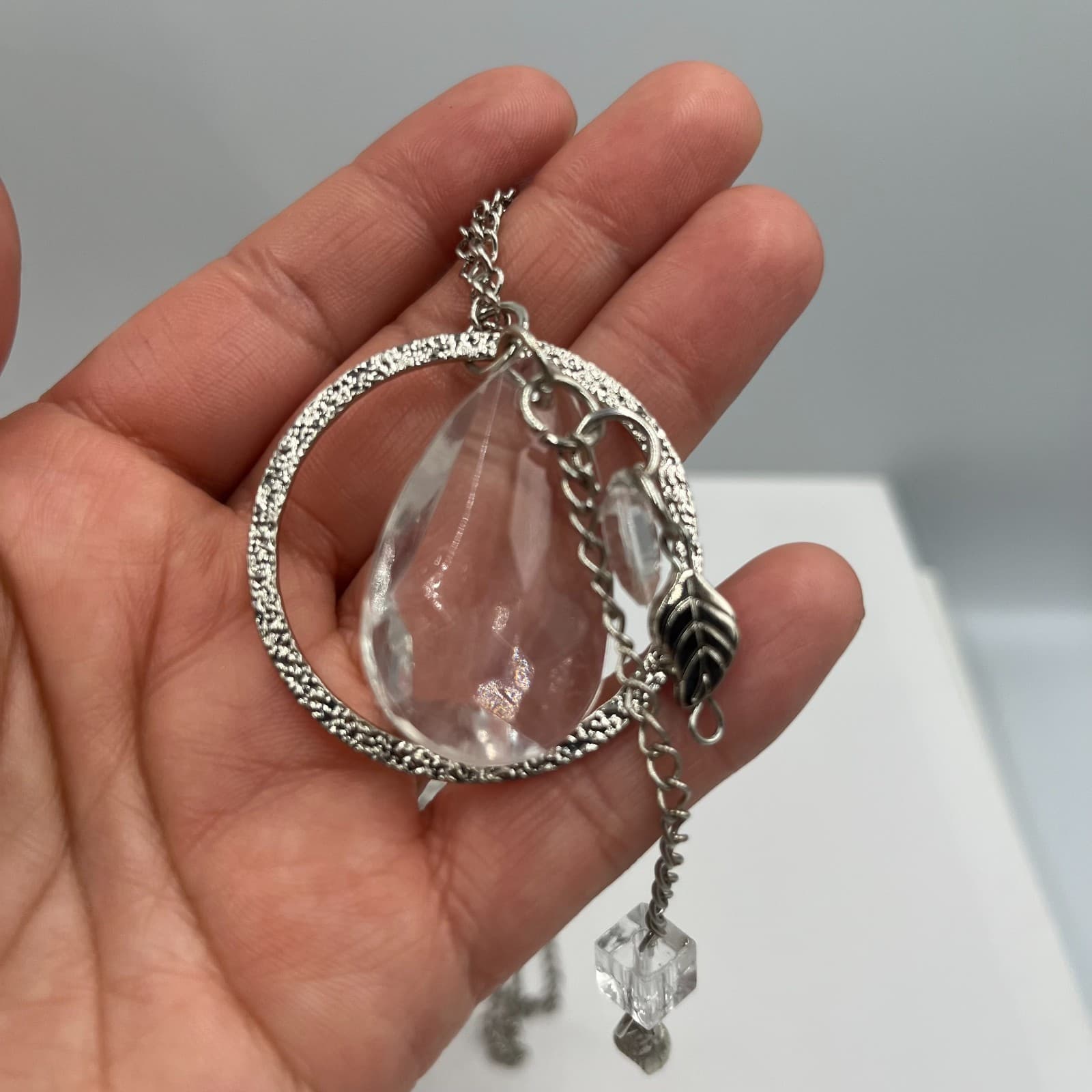 Vintage Silver Tone Crystal Circle Pendant Necklace Teardrop Charms Boho Shell - Thumbnail 7