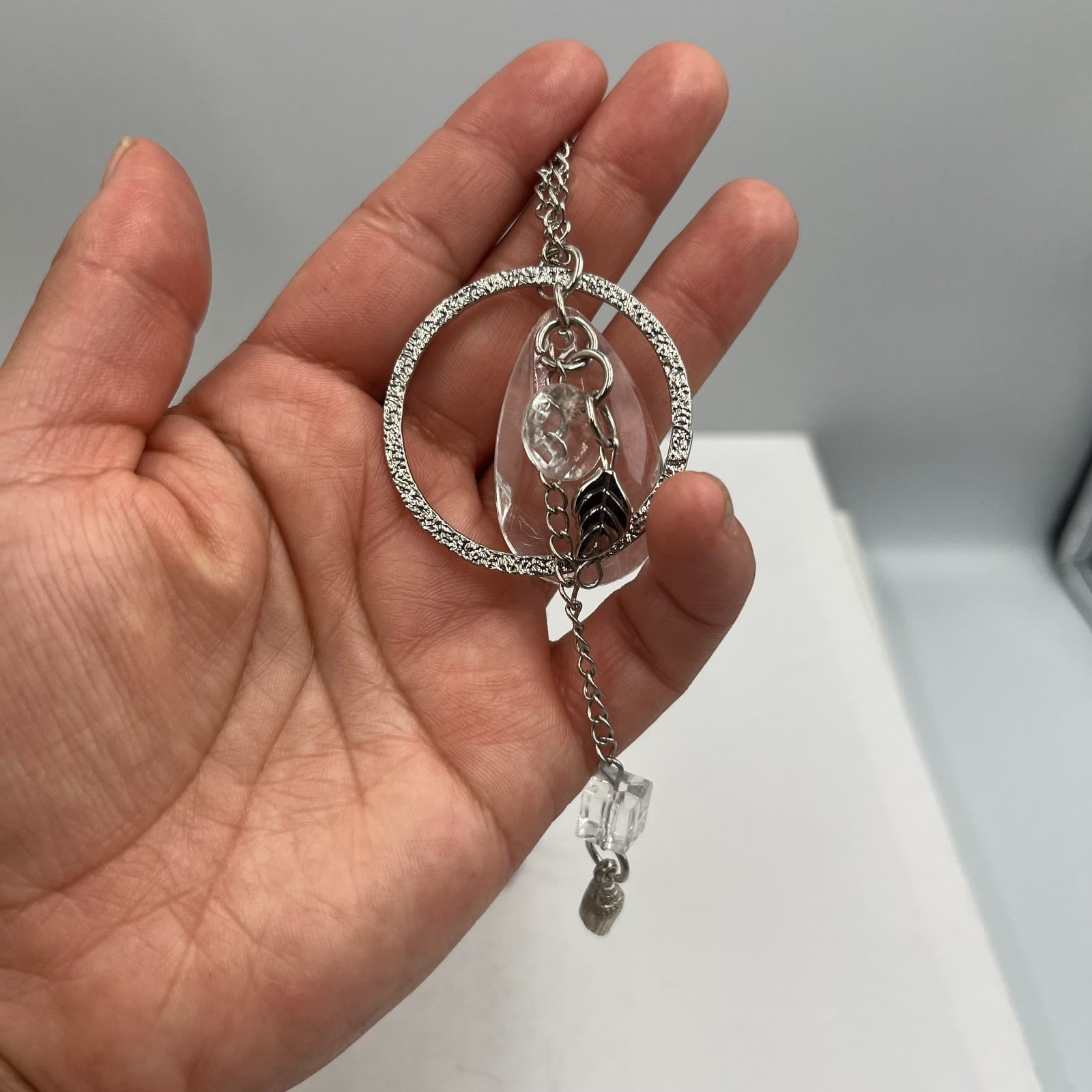 Vintage Silver Tone Crystal Circle Pendant Necklace Teardrop Charms Boho Shell - Thumbnail 6