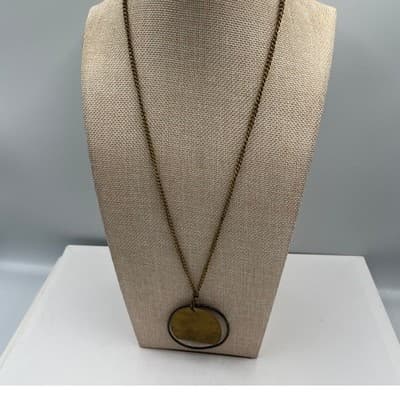 Vintage Antique Brass Tone Geometric Mixed Metal Circle Disc Pendant Necklace - Thumbnail 2