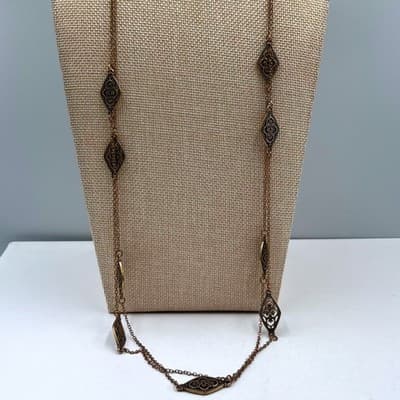 Vintage Long Bronze Tone Filigree Necklace Multi Station Round Link Chain Boho - Thumbnail 5