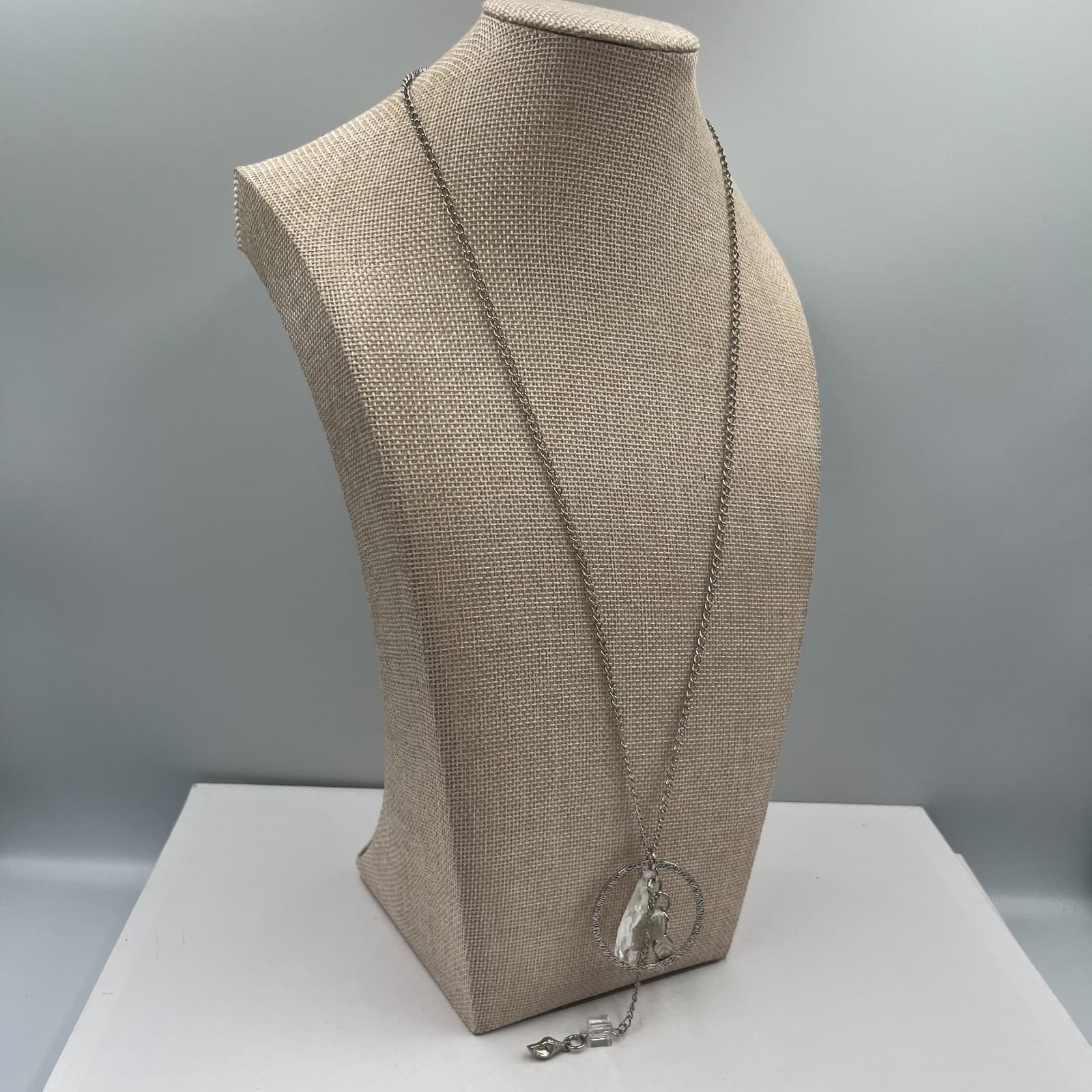 Vintage Silver Tone Crystal Circle Pendant Necklace Teardrop Charms Boho Shell - Thumbnail 4