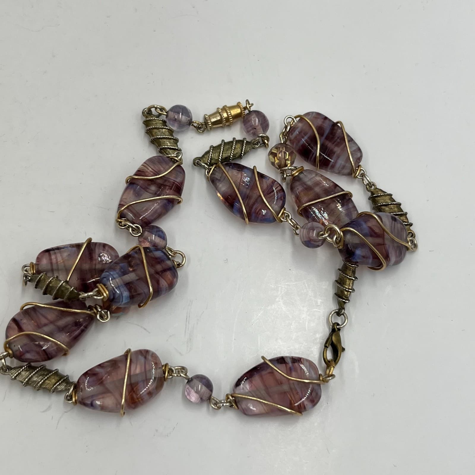 Vintage Purple Slag Glass Bead Necklace Wire Wrapped Art Deco Style Swirl 20" - Thumbnail 7