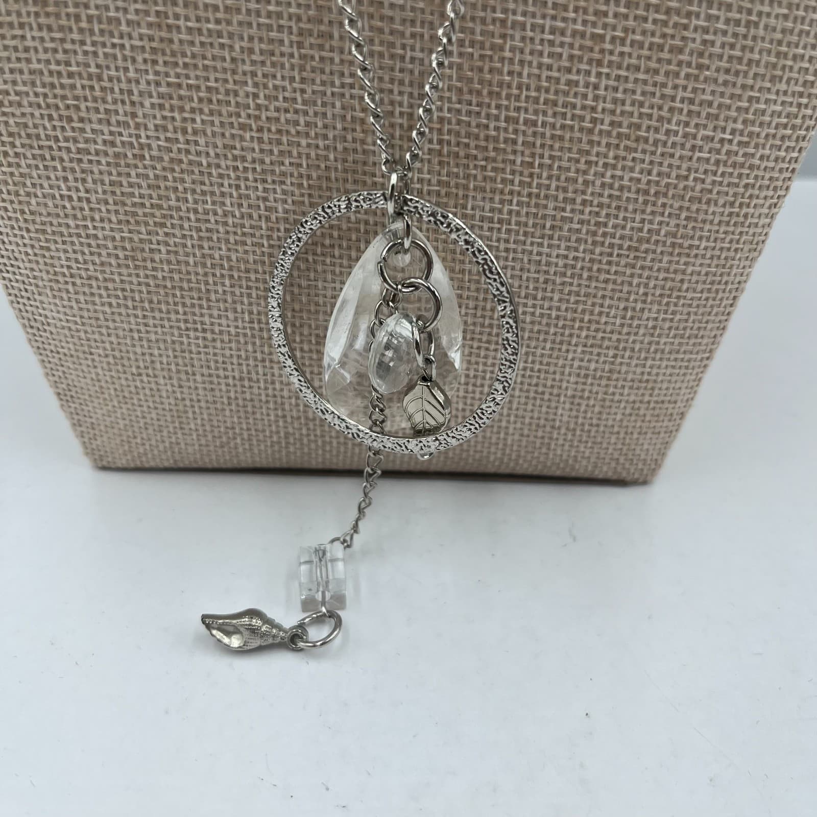 Vintage Silver Tone Crystal Circle Pendant Necklace Teardrop Charms Boho Shell - Thumbnail 3