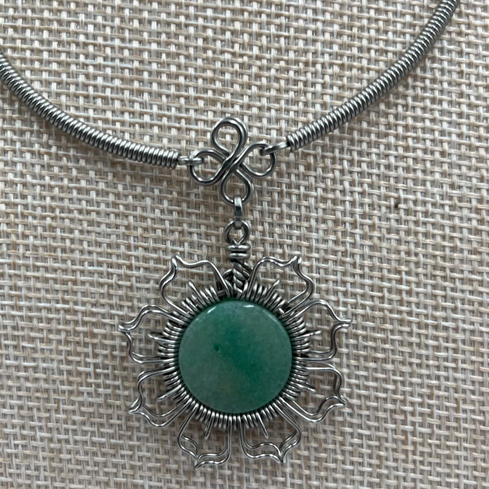 Vtg Artisan Wire Wrapped Green Stone Pendant Necklace Coiled Spring Chain MCM - Thumbnail 3