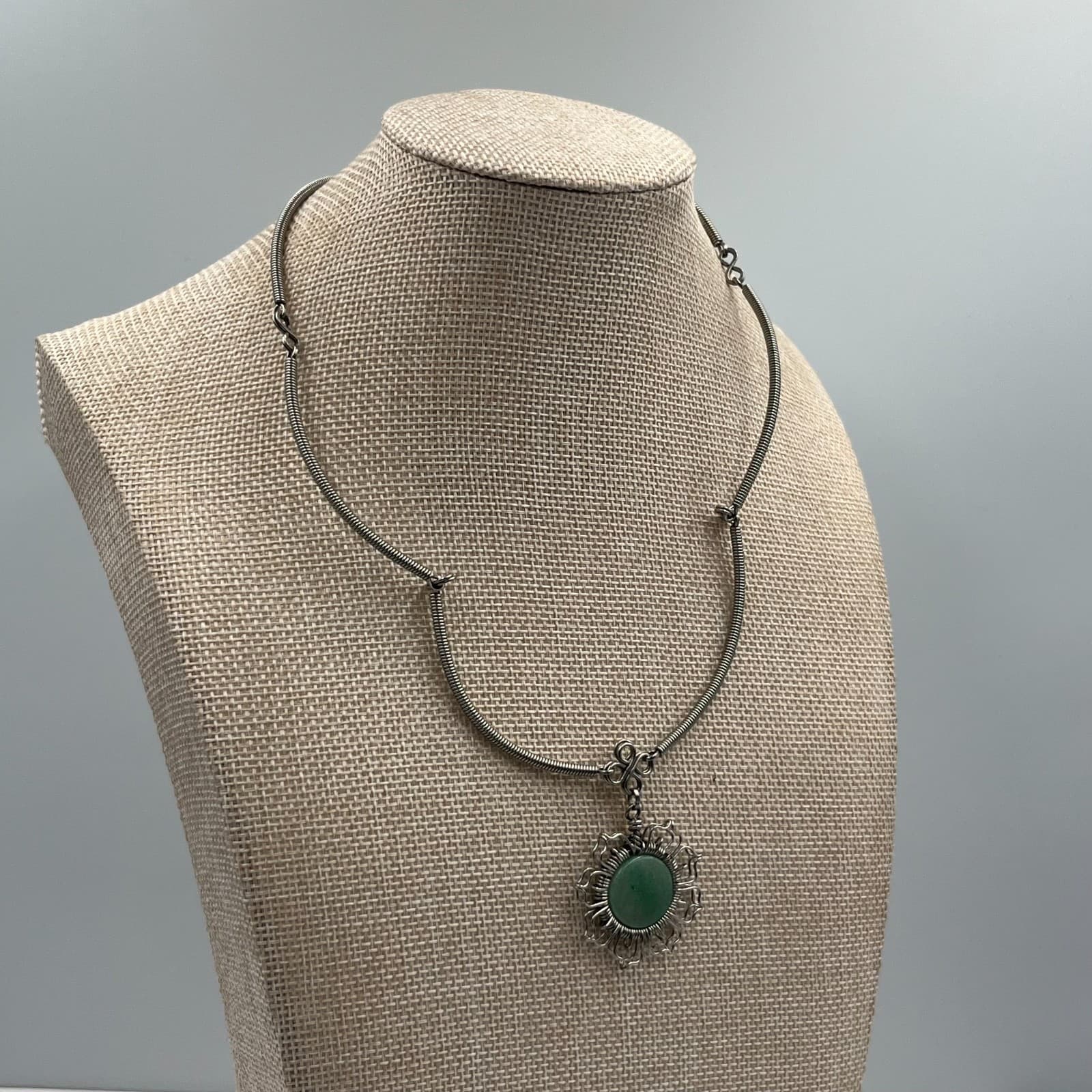 Vtg Artisan Wire Wrapped Green Stone Pendant Necklace Coiled Spring Chain MCM - Thumbnail 4